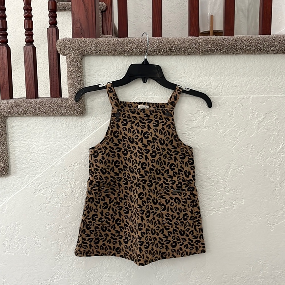 RAINBOW POT Leopard Print Bib Dress Denim Girls Size 5